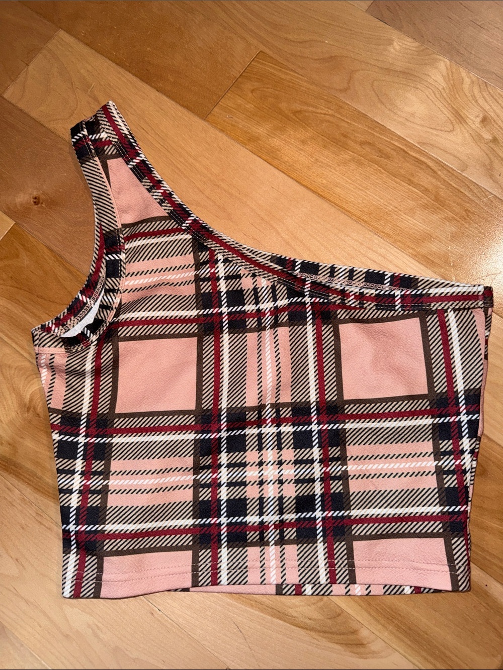 SHEIN Pink Plaid One-Shoulder Crop Top